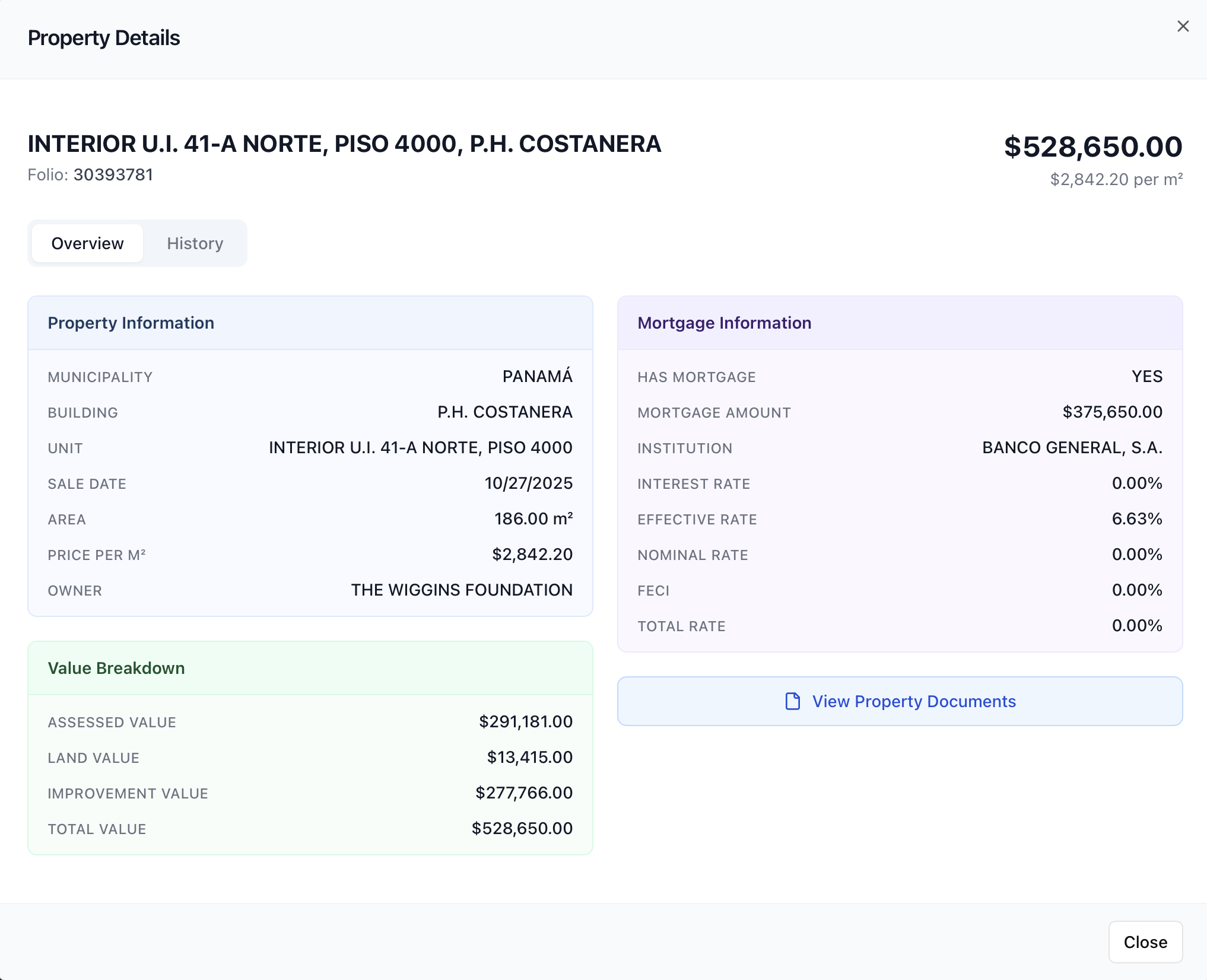Property details modal — mortgage and lien data